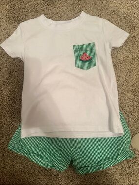 Kids White Tee & Green Gingham Shorts Matching Set